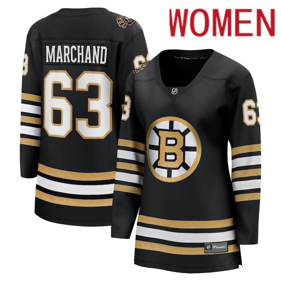 Women Boston Bruins #63 Brad Marchand Fanatics Branded Black 100th Anniversary Premier Breakaway Player NHL Jersey